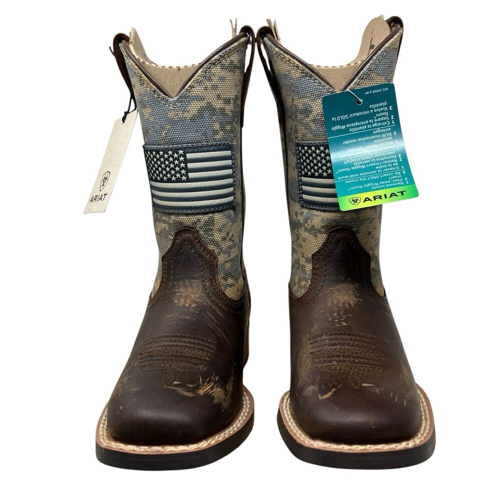 Ariat Kids 8 Western Cowboy Boots  Brown Camo Flag Leather Square Toe 10027279